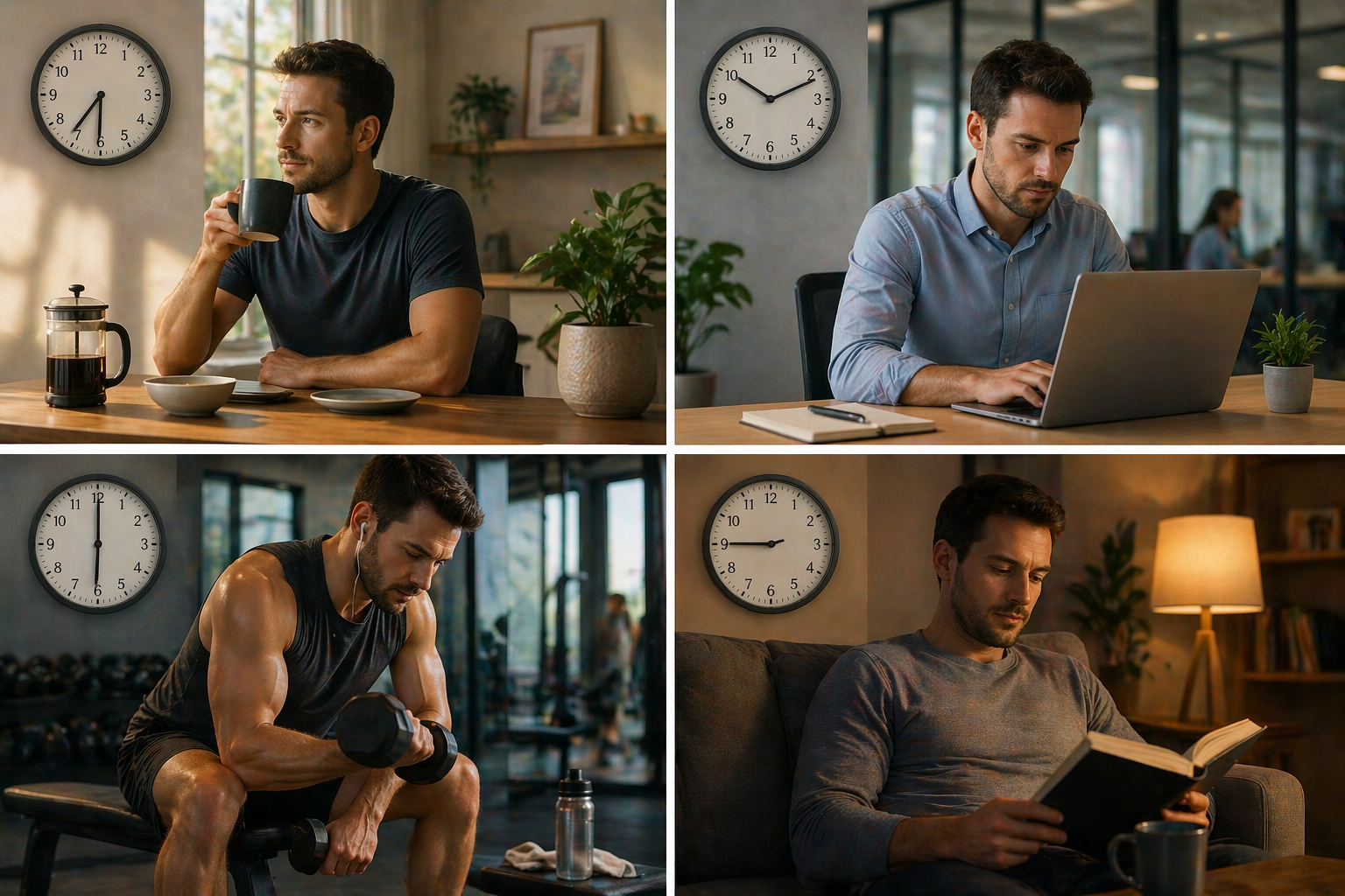 Adult daily routine with time-based scenes