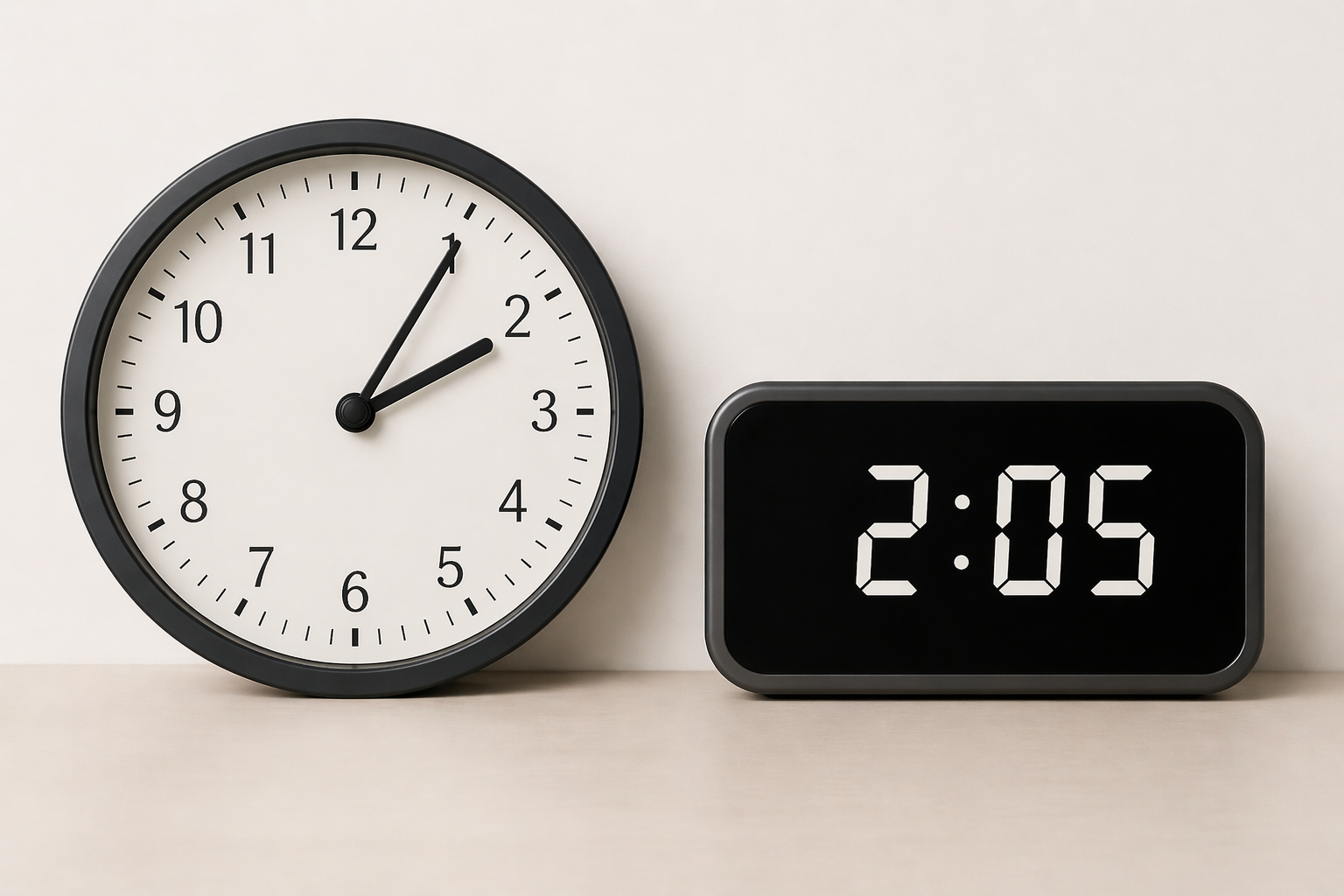 Clock showing 2:05 with digital comparison