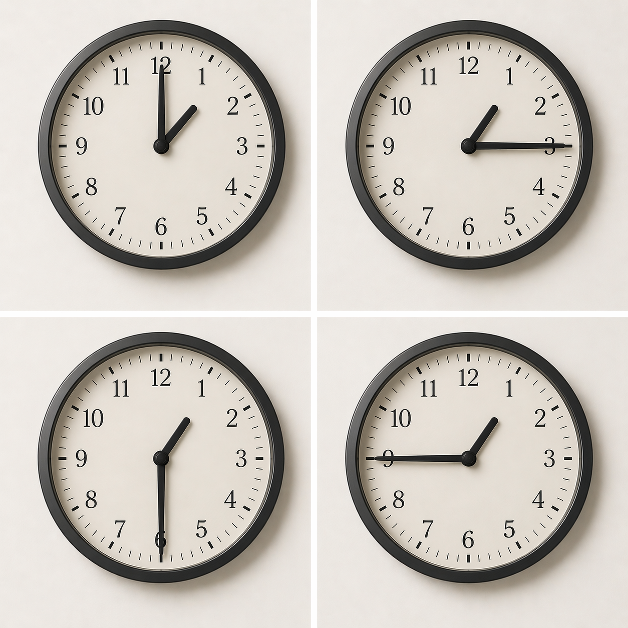 Four analog clock examples showing o'clock, quarter past, half past and quarter to